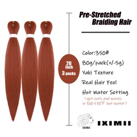 IXIMII Ginger Braiding Hair Pre Stretched 20 inch 3 packs #350 Pre-Stretched Braids Hair Copper Red Long Straight Crochet Braids Soft Yaki Texture Synthetic Hair Extensions