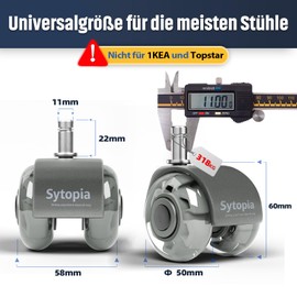 Sytopia Universal Office Chair Castors, Set of 5 Office Chair Castors 11 x 22 mm, Perfect Quiet Rubber Castors for Office Chairs, Wheels for Hard Floors, Parquet Floors (Light Grey, Not for 1KEA)