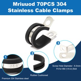 Mriuuod 70pcs Cable Wire Clamps Assortment Kit, 304 Stainless Steel Rubber Cushion Pipe Clamps, 7 Sizes Cable Clamps 1/4'' 5/16'' 3/8'' 1/2'' 5/8'' 3/4'' 1'' Tube Clamp