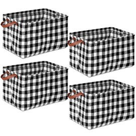 Boao 4 Pcs Buffalo Plaid Storage Baskets Black and White Bins Large Checkered Fabric Box with Handle Household Foldable Organizer Containers for Bathroom Bedroom(Simple Style)