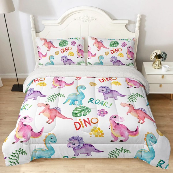 XYNHML Cartoon Dinosaur Sherpa Fleece Comforter Set Full 3Pc Kawaii