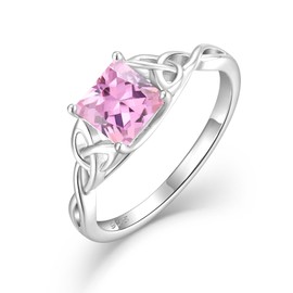 Blaniy Celtic Knot Ring 925 Sterling Silver Princess Cut Promise Engagement Ring Trinity Irish Ring Pink Tourmaline October Birthstone Jewelry Gifts for Women Size 7