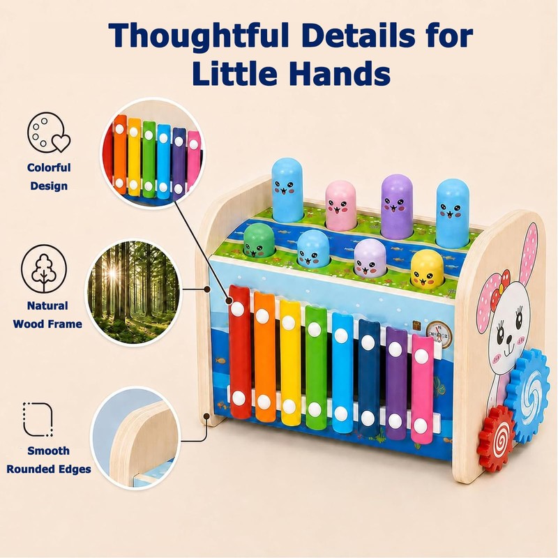 4-in-1 Wooden Hammering Toy with Xylophone, Clock and Gears, Ages