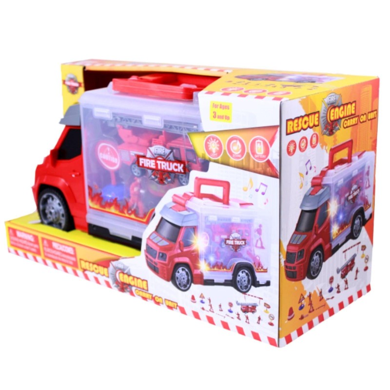Kidplokio Red Fire Truck Toys Carrier with Action Figures Lights