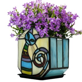 Entlityful Stained Glass Cat Unique Plant Pot, Indoor Planter with Drainage and Tray,Succulent Plants Flower Pot,Cat Lover Gifts,4.6x3x5.15 in