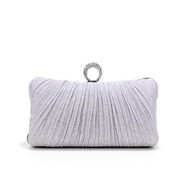 Womens Golden Glitter Clutch Purse Pleated Evening Bag for Bridal Wedding Party with Rhinestone Ring, Silver