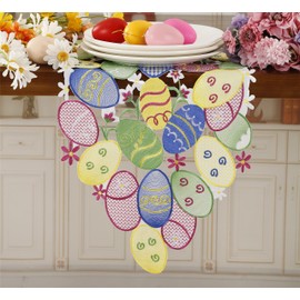 Easter Table Runner Spring Bunnies Eggs Flowery Table Runner Cutwork Embroidered Floral and Bunnies Eggs Dresser Scarf Table Topper Home Kitchen Dining Tabletop Decoration (Runner 13"×35", Egg)