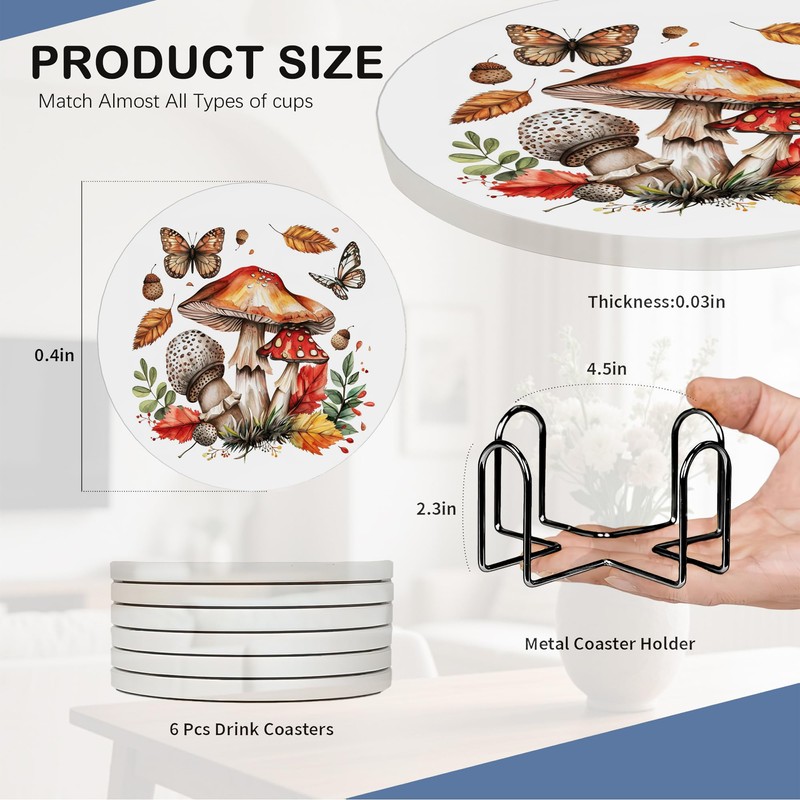 Cute Mushroom Drink Coasters with Holder,Ceramic Coasters for Tables, Cork
