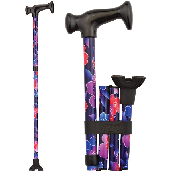 NOVA Folding Cane, Walking Cane with Quad Tip, Foldable & Adjustable Travel Cane, Maui Flowers