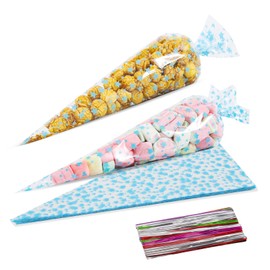 LEOSINDA 200 Pcs 5 x 10 inch Sweet Cone Cellophane Treat Bags Clear Candy Wrap Bags Party Popcorn Bags Triangle Bags Ideal for Holding Party Favors, cookies, candies and more Blue Star Printed