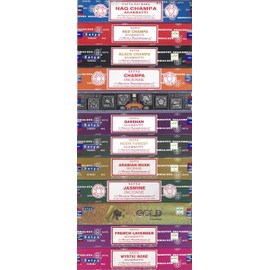Satya Bangalore (BNG) Set of 12 Nag Champa, Red Champa, Black Champa, Champa, Super Hit, Darshan, Neem Forest, Arabian Musk, Jasmine, Gold, French Lavender, Mystic Rose Incense Sticks, VarietyPack06