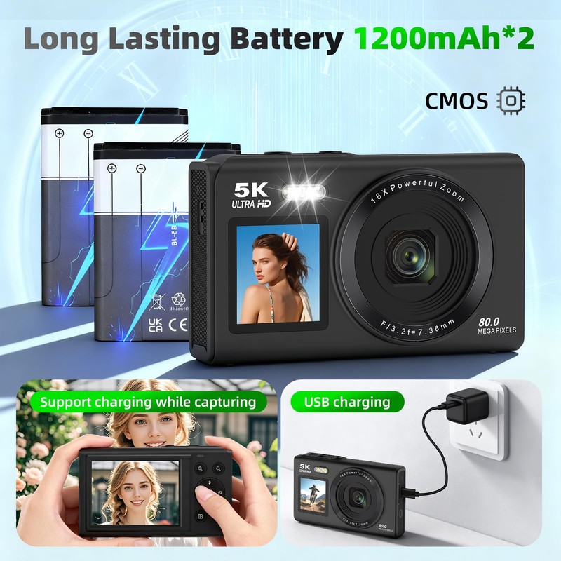 5K 80MP Digital Cameras for Photography with Tripod 2 Batteries