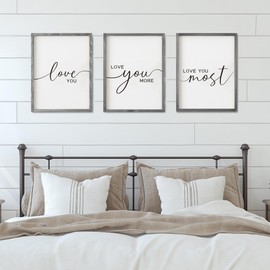 Set of 3 I Love You Signs - Love You More Wall Decor for Bedroom and Living Room (11x14 inches, Gray)