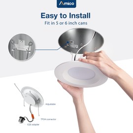 Amico 5/6 inch 3CCT LED Recessed Lighting 12 Pack, Dimmable, Damp Rated, 12.5W=100W, 950LM Can Lights with Baffle Trim, 3000K/4000K/5000K Selectable, Retrofit Installation - ETL & FCC Certified