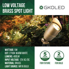 GKOLED Solid Brass Low Voltage Compact Spotlight, 12V AC/DC Waterproof Outdoor Landscape Spot Lights for House Trees Garden Yard Lawn, Up Light with 5W 2700K MR16 Bulb, Stake Included