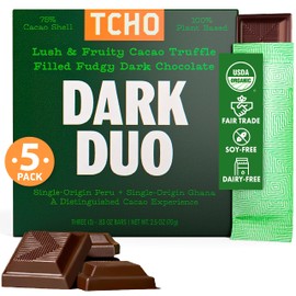 TCHO Dark Duo 75% Dark Chocolate Bars (5 pack) | Plant Based, Organic & Fair Trade, | Non GMO, Non-Dairy, Vegan Chocolate, Soy Free (2.5oz each)