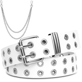 FIORETTO Double Grommet Leather Belt with Detachable Chain Women Men Punk Rock Waist Belts for Jeans Pants Double Hole White
