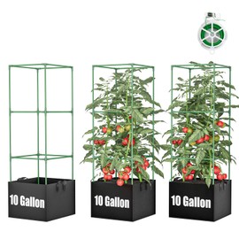 3 Pack Tomato Cages with 10 Gallon Grow Bags,47” Tomato Pots for Growing Tomatoes,Tomato Planter, Tomato Trellis,Stable Assembled Plant Garden Planter, Trellis for Vertical Climbing Plants Vines