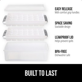 GORILLA GRIP BPA-Free Easy Release Ice Cube Tray for Freezer, Make Lots of Ice, 56 Cubes Total, Kit Includes 2 Stackable Leakproof Trays with Lid and Soft Handle Grips, Scooper, Bin, For Coffee, Gray
