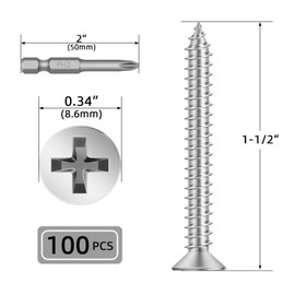 #10 x 1-1/2" 100 PCS Flat Head Sheet Metal Screws, Phillips Drive Self Tapping Screws, Stainless Steel Countersunk Head Wood Screws, Plain Finish, Screwdriver Bit Included
