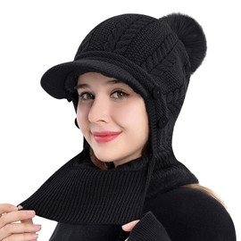Rayson Winter Thickened Lining Hat Neck Warmer Facial Cover Set Womens Winter Knitted Beanie Hat with Faux Fur Pom(Black)