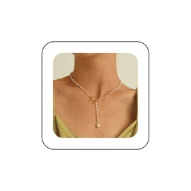 Vacaonio Gold Pearl Y Necklace Chain Bow Knot Necklace Choker Pearl Beaded Chain Choker Necklace Pearl Y Drop Lariat Necklace Chain Jewelry for Women