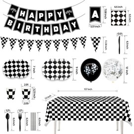 196Pcs Black White Checkered Race Car Party Supplies for 24 Guests