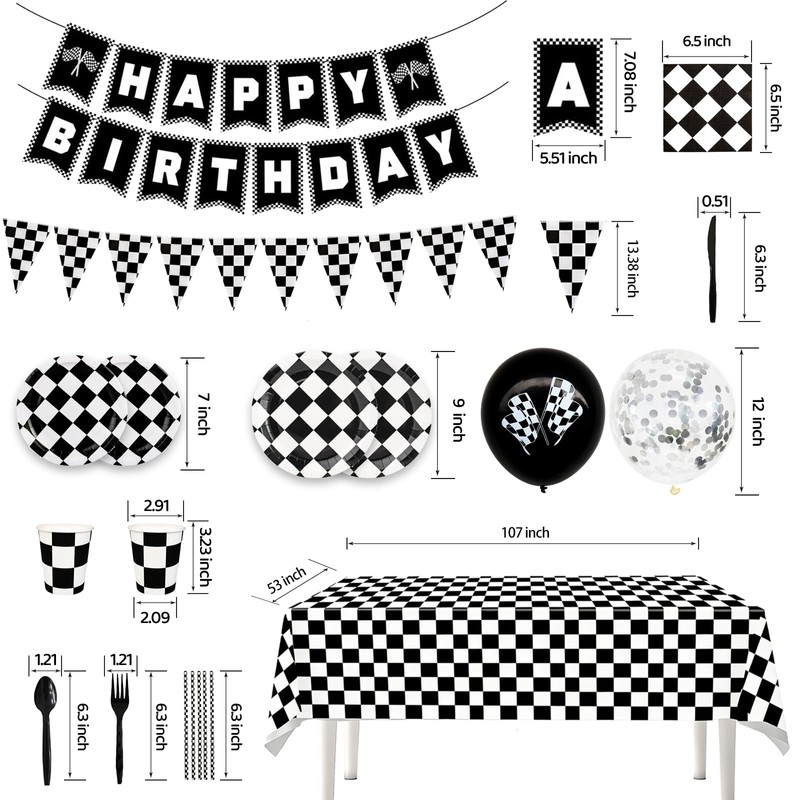 196Pcs Black White Checkered Race Car Party Supplies for 24