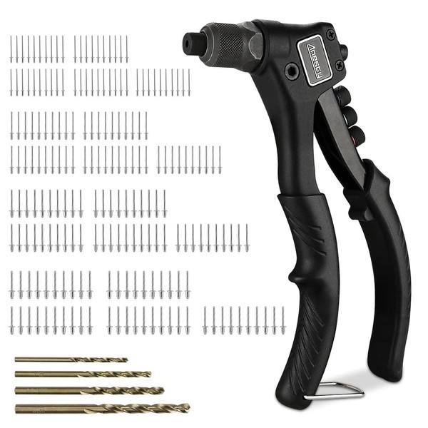 Anesty Rivet Gun Pop Riveter Set, Heavy Duty Hand Riveter Rivet Gun Kit with 200 Aluminum Blind Pop Rivets 2.4mm 3.2mm 4mm 4.8mm, Riveting Gun Tool with 4 HSS Drill Bits and Replaceable Nozzles