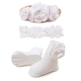 mligril Baby Girls Headband & Socks Set, Cute Non Slip Cotton Socks with Flower Hair Bows Baby Accessories Gifts for Newborn Infant Toddler