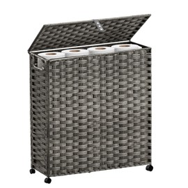 Toilet Paper Storage Basket with Lid and Wheels, Rattan Toilet Paper Holder Storage, Toilet Paper Organizer for Bathroom, Bedroom, Kitchen, 19.7”L x 7.9”W x 24.62”H, Grey