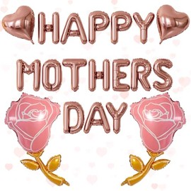 Happy Mothers Day Balloons Banner, Rose Gold Mothers Day Foil Balloons Set with Heart & Rose Balloon, 16 Inch Mother's Day Letter Balloons, Elegant Mother Day Decorations & Gifts for Mom