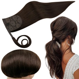 RUNATURE Ponytail Extension Human Hair Dark Brown Ponytail Hair Extensions Remy Hair 16 Inch 80g Straight Clip in Ponytail Human Hair Extensions Full Ends Wrap Around Pony Tails Hair Extensions Soft