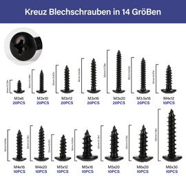 Annyswit Pack of 200 Black Cross Tapping Screws Assortment, M3 M3.5 M4 M5 M6 Small Self-Tapping Screw Set, Carbon Steel Screws, Self Tapping Screws for Homemade Repair