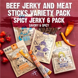 Righteous Felon Beef Jerky & Meat Sticks Variety Pack | Gluten Free Beef Jerky Snack Packs for Adults | High Protein, Keto, Low Sugar | Made with Premium Meats | Gifts for Men | Spicy Jerky 6 Pack