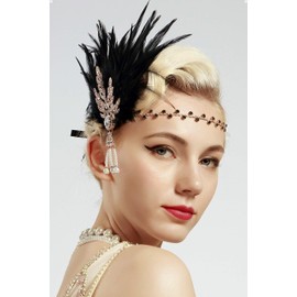 BABEYOND Art Deco 1920's Flapper Great Gatsby Inspired Leaf Medallion Pearl Headband Black Feather (Gold and Black Feather)