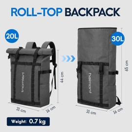 Haimont Rolltop Backpack for Men Women Water-Resistant Carry on Travel Backpack Casual Daypack with Laptop Compartment for Work Trip Hiking, 20L-30L, Dark Gray