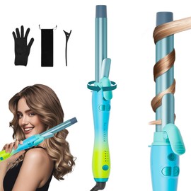 Rotating Curling Iron 1 Inch, Tresses Touch Automatic Extra-Long Barrel Wand Curling Iron with 30s Fast Heating Hair Curler for Beginners Long Hair Lasting Waves, Adjustable Temperature, Blue Green