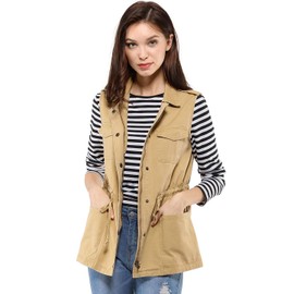 Allegra K Women's Zip Up Sleeveless Jacket Utility Anorak Outwear Cargo Vest Small Khaki