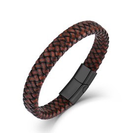 JIWOY Men's Braided Bracelet Stainless Steel Leather Bracelet Simple Cuff Jewelry with 18k Black Plated
