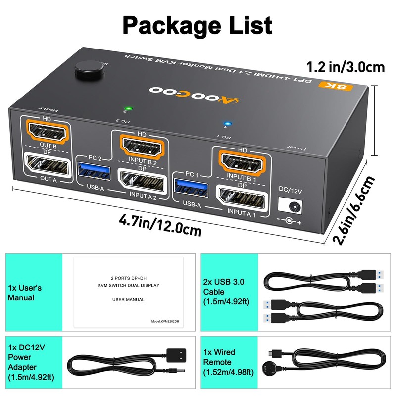 HDMI DP2.1 KVM Switch 2 Monitors 2 Computers, 8K@60Hz/4K@144Hz KVM