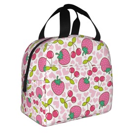 VOOHDDY Cute Strawberry Cherry Pink Insulated Lunch Bag For Women Reusable Lunch Box Container Waterproof Portable Cooler Thermal Tote Bag For Work Office Picnic Beach Travel