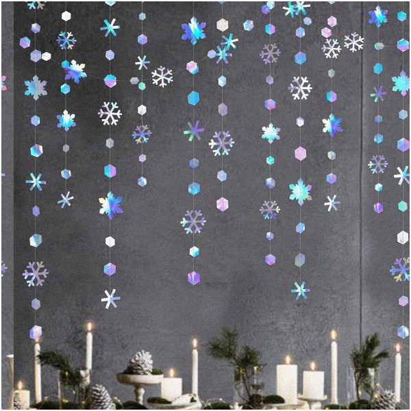 Bloomify Winter Wonderland Iridescent Snowflake Garland - 52Ft Holographic Paper