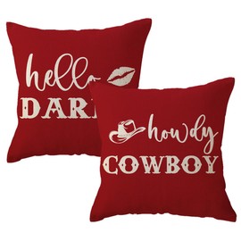 Funny Couple Pillow Covers 18x18 Howdy Cowboy Hello Darlin’ Western Throw Pillowcases Rustic Farmhouse Decor Cushion Covers 2Pack for Cowboy Cowgirl Valentine Decorations (Red)