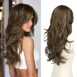 Brown Long Layered Wig with Curtain Bangs Straight Wigs for Women