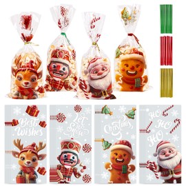 SULOLI 120 Pcs Christmas Cellophane Bags, Xmas Candy Bags Clear Cellophane Treat Bags with 150 Twist Ties for Christmas Party Supply