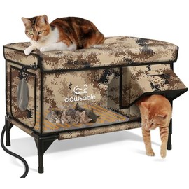 Sturdy Outdoor Heated Cat House for Winter, Insulated Heated Cat House for Outside with Two Door, Feral Shelter with Waterproof Awning, Elevated Base and Pet Heating Pad