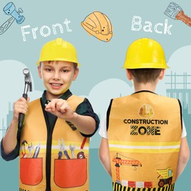 Jspupifip 88 Pcs Construction Birthday Party Supplies Set Including Kids Construction Vest, Plastic Hats, Tote Bags, Keychain, Balloons and Truck Birthday Backdrop