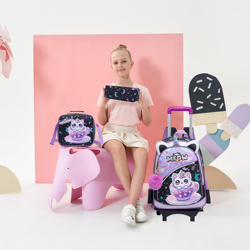 Oruiji Girls Rolling Backpack for Kids with Wheels,Cute Cat Lightweight