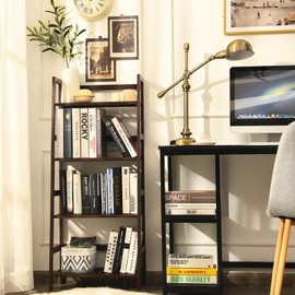 graffy 4-Tier Ladder Shelf Plant Stand, Bamboo Ladder-Shaped Bookcase Storage Shelves, Multifunctional Display Rack, Plant Stand Flower Pots Holder for Living Room/Bathroom/Bedroom (Espresso)